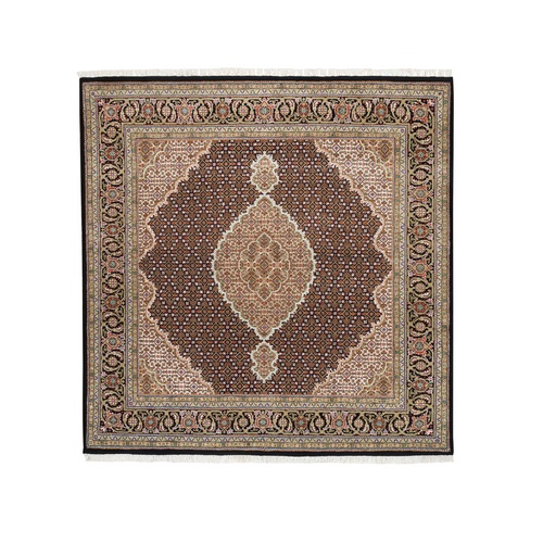 Black Tabriz Mahi Fish Medallion Design Wool And Silk Hand Knotted Squarish Oriental Rug