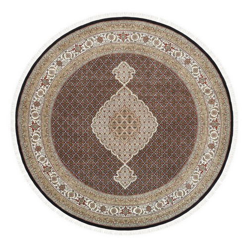 Round Black Tabriz Mahi Fish Medallion  Design Wool And Silk Hand Knotted Oriental Rug