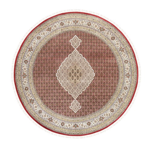 Hand Knotted Red Tabriz Mahi Fish Medallion Design Wool And Silk Oriental Round Rug