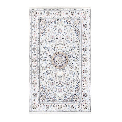 Ivory Wool and Silk 250 KPSI Nain Hand Knotted Fine Oriental Rug