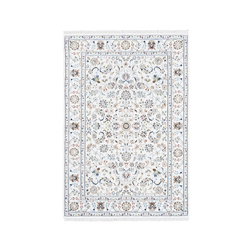 Ivory Nain with All Over Flower Design Pure Wool 250 KPSI Hand Knotted Fine Oriental Rug