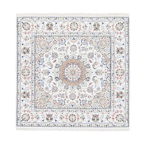 Medallion Design Square Wool and Silk 250 KPSI Nain Ivory Hand Knotted Fine Oriental 