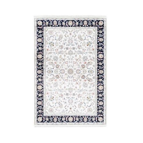 Wool and Silk 250 KPSI Nain Ivory with a Navy Blue Border All Over Design Hand Knotted Oriental Rug