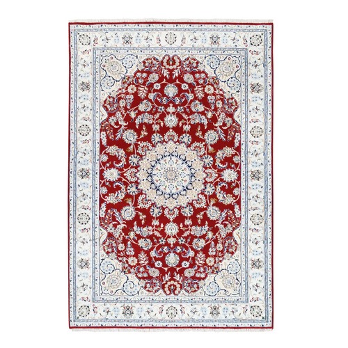 Cherry Red Nain with Center Medallion Flower Design Wool Hand Knotted 250 KPSI Fine Oriental Rug