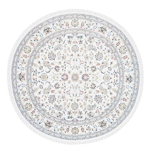 Ivory Nain with Center Medallion Flower Design Hand Knotted 250 KPSI Pure Wool Fine Round Oriental Rug
