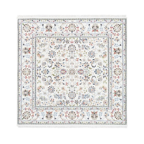 Ivory Nain with All Over Flower Design Square Pure Wool 250 KPSI Hand Knotted Fine Oriental 
