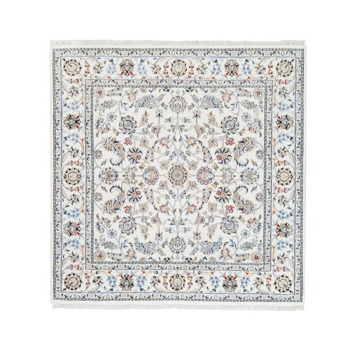 Ivory Nain with All Over Flower Design Square Wool 250 KPSI Hand Knotted Fine Oriental Rug
