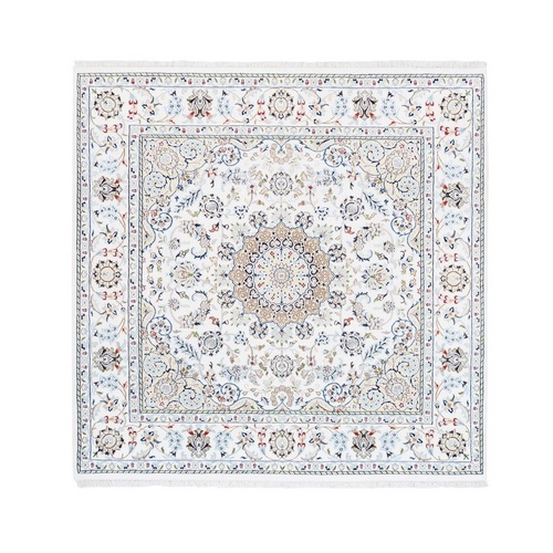 Ivory, Nain with Center Medallion Flower Design, Square, Pure Wool, 250 KPSI, Hand Knotted Fine Oriental 