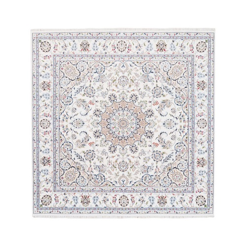 Wool and Silk 250 KPSI Nain Ivory Hand Knotted Medallion and Flower Design Fine Oriental Rug