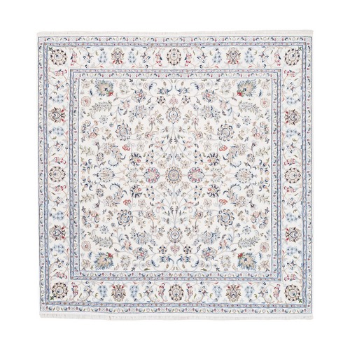 Ivory Wool 250 KPSI Nain with All Over Flower Design Hand Knotted Fine Oriental Square Rug