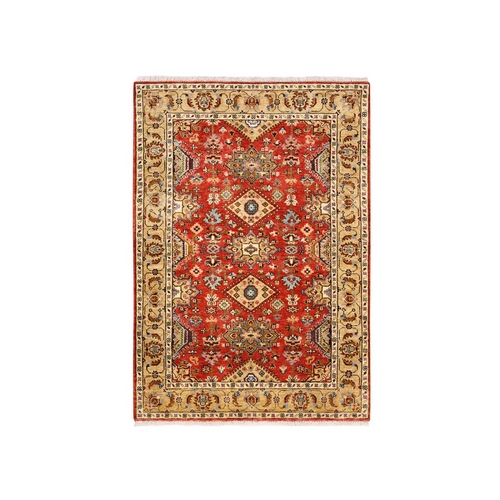 Red With A Mix Of Gold Karajeh Design Organic Wool Hand Knotted Oriental Rug