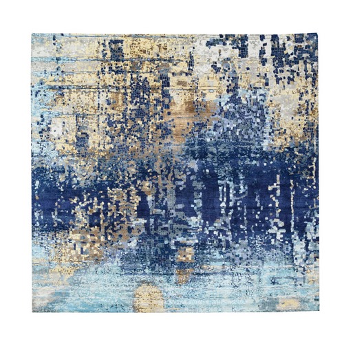 Hand Knotted Mosaic Design Navy Blue Wool and Silk Oriental Square Rug