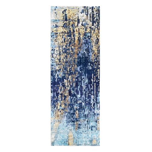Hand Knotted Blue Mosaic Design Wool and Silk Oriental Wide Runner Rug