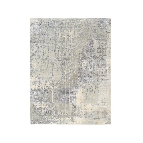 Abstract with Mosaic Design Taupe Wool and Silk Hand Knotted Oriental Rug