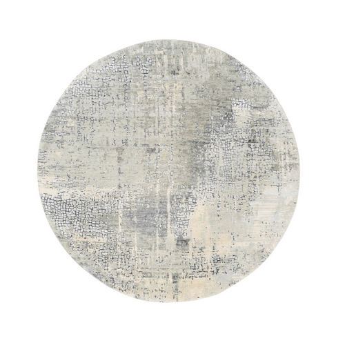 Round Taupe Wool and Silk Abstract with Mosaic Design Hand Knotted Oriental Rug