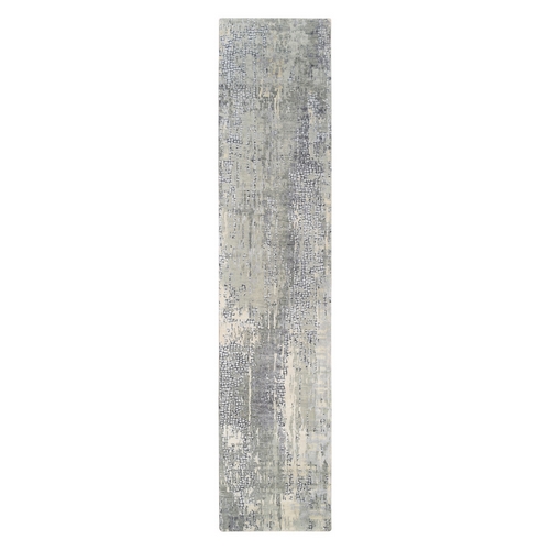 Wool and Silk Taupe Abstract with Mosaic Design Hand Knotted Oriental Runner Rug