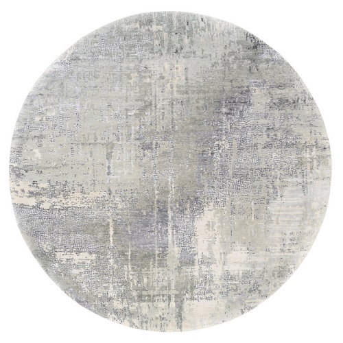 Round Abstract with Mosaic Design Taupe Wool and Silk Hand Knotted Oriental Rug