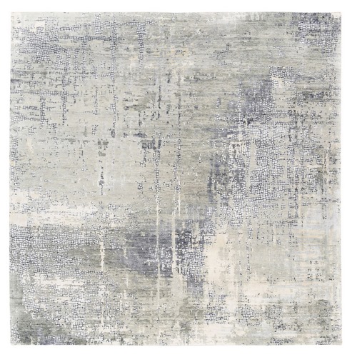 Taupe Wool and Silk Abstract with Mosaic Design Hand Knotted Square Oriental Rug