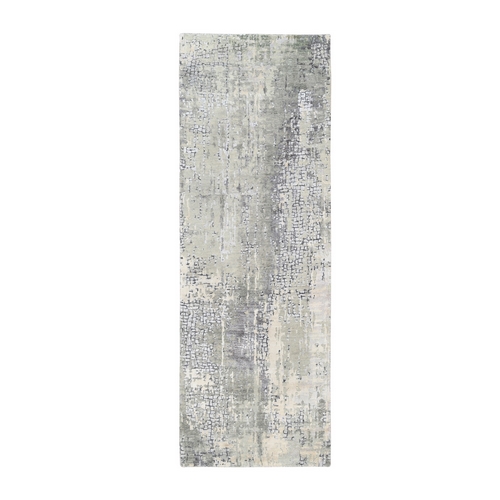 Hand Knotted Taupe Wool and Silk Abstract with Mosaic Design Oriental Runner Rug