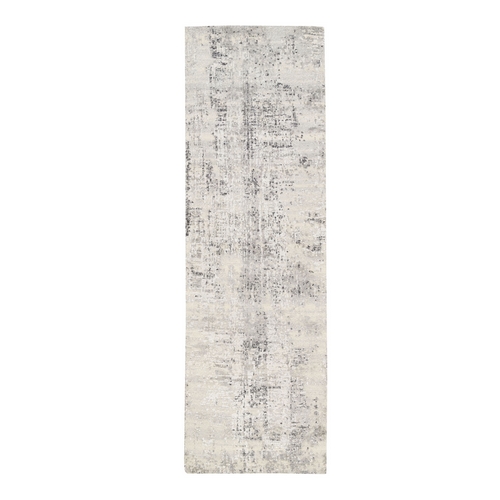 Hand Spun Undyed Natural Wool Modern Cut And Loop Pile Hand Knotted Beige Oriental Runner Rug