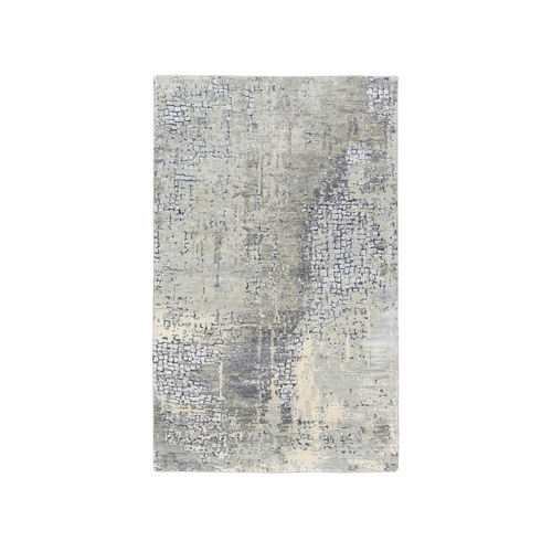 Hand Knotted Taupe Wool and Silk Abstract with Mosaic Design Oriental Rug