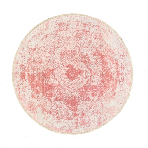 Hand Knotted Pink Broken Persian Medallion Design Wool and Pure Silk Oriental Round Rug