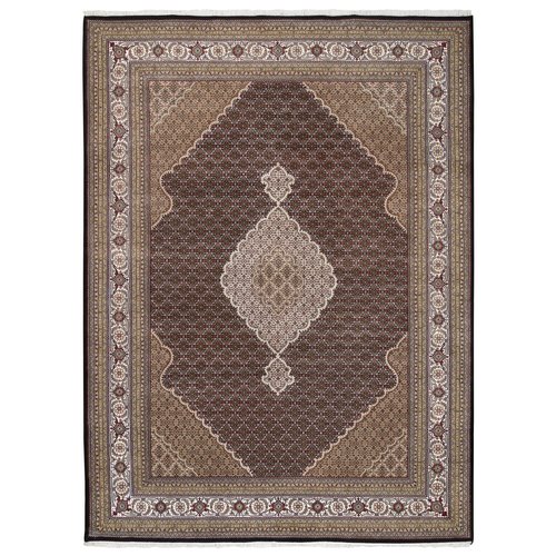 Tabriz Mahi with Fish Medallion Design Wool and Silk Hand Knotted Black Oriental Rug