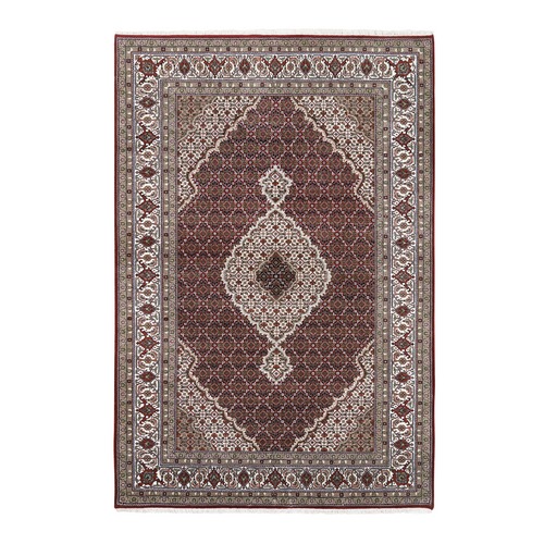 Red Tabriz Mahi Wool and Silk Fish Medallion Design Hand Knotted Oriental Rug