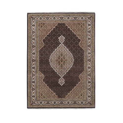 Hand Knotted Black Tabriz Mahi with Fish Medallion Design Wool and Silk Oriental Rug