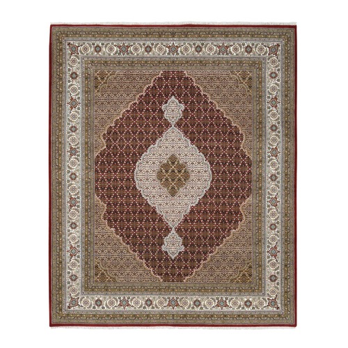 Hand Knotted Red Tabriz Mahi with Fish Medallion Design Wool and Silk Oriental Rug