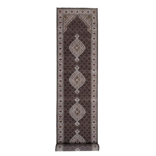 Black Tabriz Mahi with Fish Medallion Design XL Runner Wool Hand Knotted Oriental Rug