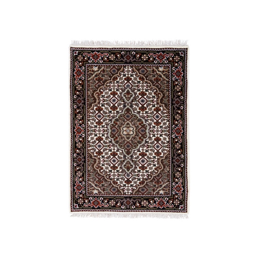 Ivory Tabriz Mahi with Fish Medallion Design Wool Hand Knotted Mat Oriental Rug