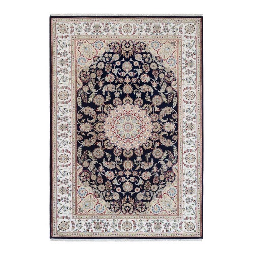 250 KPSI Wool Hand Knotted Midnight Blue Nain with Center Medallion Flower Design Oriental Rug