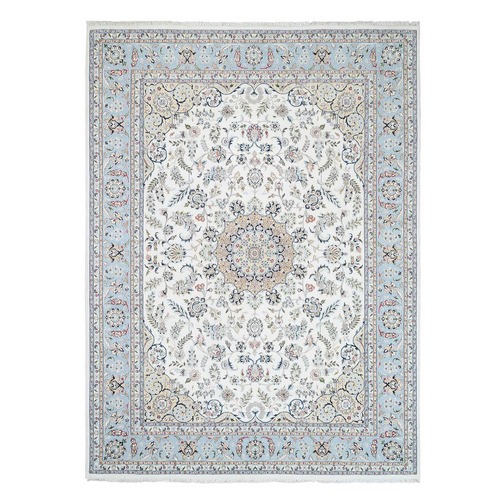 Nain with Medallion and Flower Design 250 KPSI Wool and Silk Hand Knotted Ivory Oriental Rug