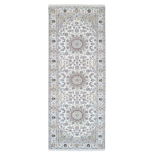 Ivory Nain with Medallion and Flower Design 250 KPSI Wool and Silk Hand Knotted Oriental Wide Runner Rug