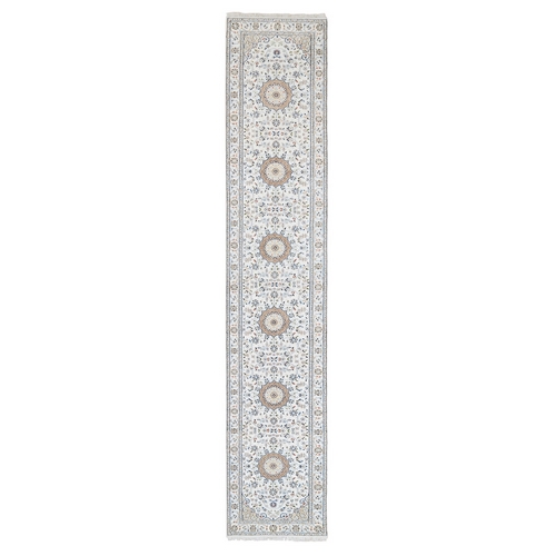 Hand Knotted Ivory Nain with Center Medallion Flower Design 250 KPSI Wool Oriental Runner Rug