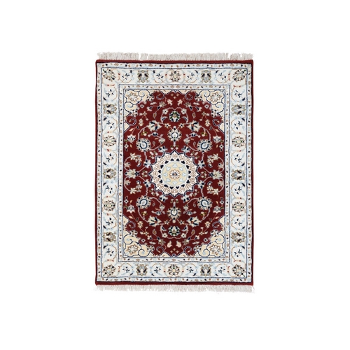 250 KPSI Wool and Silk Hand Knotted Cherry Red Nain with Medallion and Flower Design Oriental Mat Rug