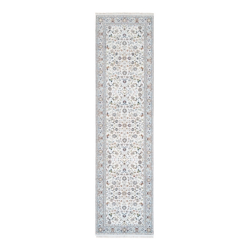 Nain With All Over Flower Design 250 KPSI Wool and Silk Hand Knotted Ivory Oriental Runner Rug