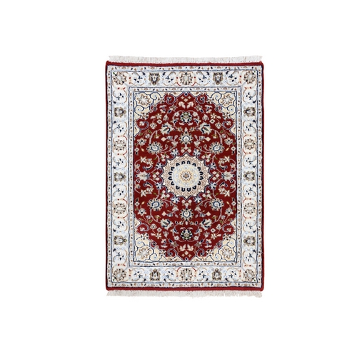 Nain with Medallion and Flower Design 250 KPSI Wool and Silk Hand Knotted Cherry Red Oriental Mat Rug