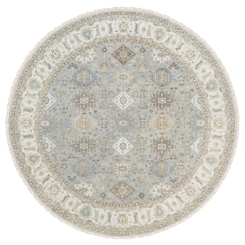 Frost Gray Karajeh and Geometric Design Organic Wool Hand Knotted Oriental Round Rug