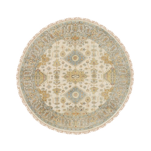 Hand Knotted Ivory with Soft Colors Karajeh Design Soft Pure Wool Oriental Round Rug