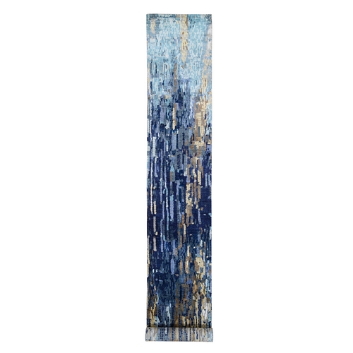 Blue With A Mix Of Gold Mosaic Design Wool and Silk Hand Knotted Oriental XL Runner Rug