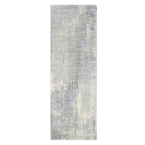 Hand Knotted Abstract with Mosaic Design Gray Wool and Silk Oriental Runner Rug