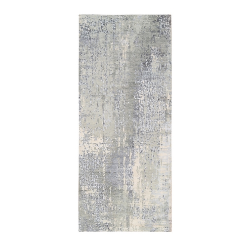 Wool and Silk Abstract with Mosaic Design Gray Hand Knotted Oriental Runner Rug