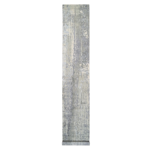 Wool and Silk Hand Knotted Abstract with Mosaic Design Gray Oriental XL Runner Rug