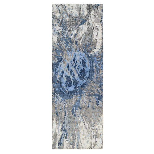 Ivory Abstract Design Hi-low Pile Wool and Plant Based Silk Hand Knotted Oriental Wide Runner Rug