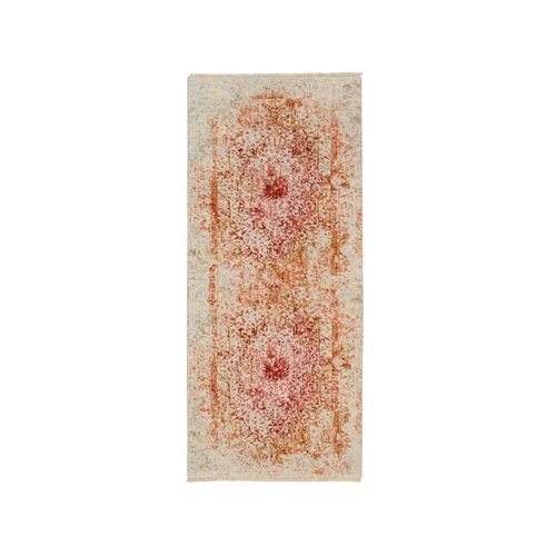 Ivory Persian Erased Medallion Design Wool and Pure Silk Hand Knotted Oriental Runner Rug Ivory Persian Erased Medallion Design Wool and Pure Silk Hand Knotted Oriental Runner Rug