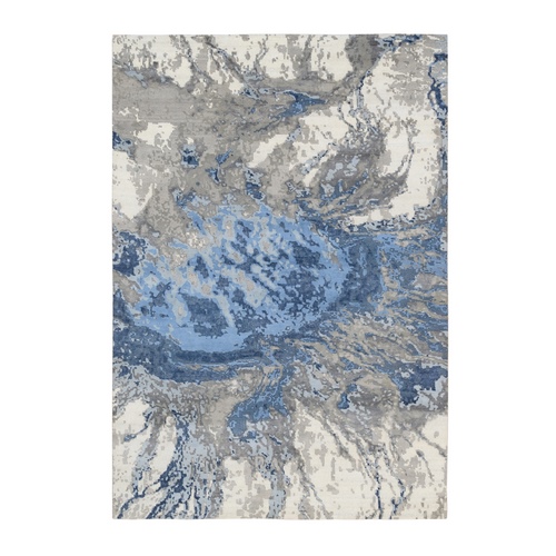 Hand Knotted Ivory Abstract Design Hi-low Pile Wool and Plant Based Silk Oriental Rug