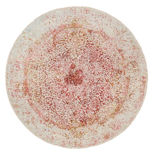 Wool and Pure Silk Hand Knotted Pink Persian Erased Medallion Design Oriental Round Rug