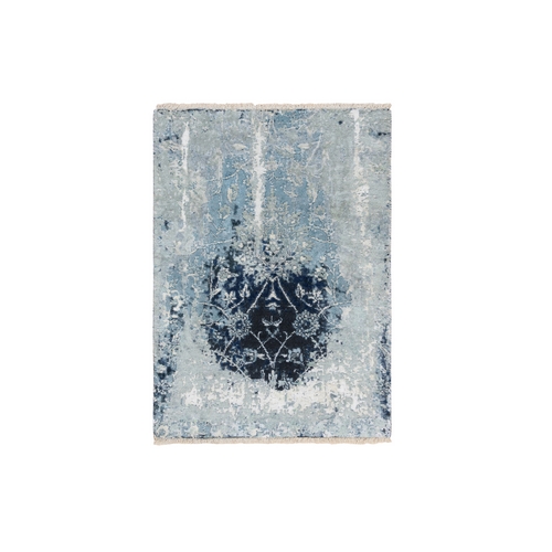 Hand Knotted Blue-Teal Persian Tabriz Broken Design Wool and Silk Oriental Mat Rug Hand Knotted Blue-Teal Persian Tabriz Broken Design Wool and Silk Oriental Mat Rug